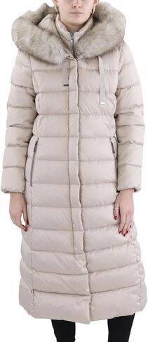TAHARI womens Maxi Puffer Coat, Attached Bib, Faux Fur Hood Trim, Hand Warmer Pockets, Long Puffer Coat in Saudi Arabia