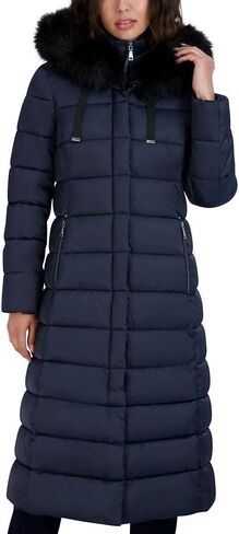 TAHARI womens Maxi Puffer Coat, Attached Bib, Faux Fur Hood Trim, Hand Warmer Pockets, Long Puffer Coat in Saudi Arabia