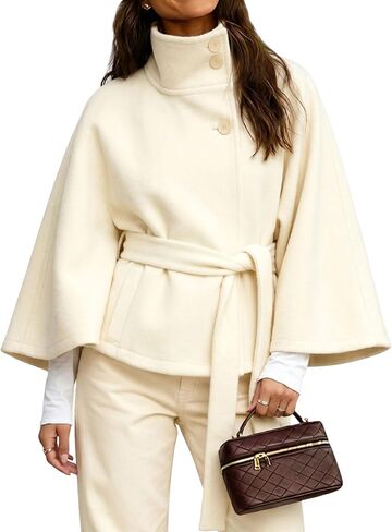 معطف نسائي من Hooever بأكمام تشبه جناح الخفاش، معطف صوف لطيف بياقة واقفة، معطف شتوي قصير in Kuwait