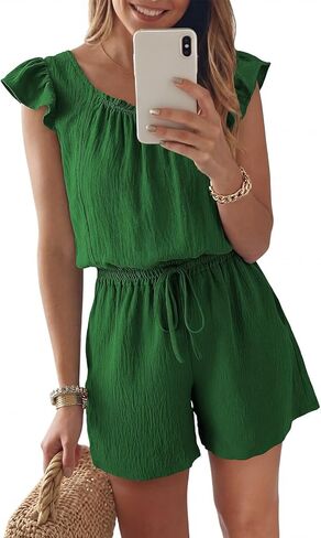 Dokotoo Rompers for Women 2026 Summer Ruffle Sleeves Square Neck Drawstring Casual Jumpsuits with Pockets in Saudi Arabia