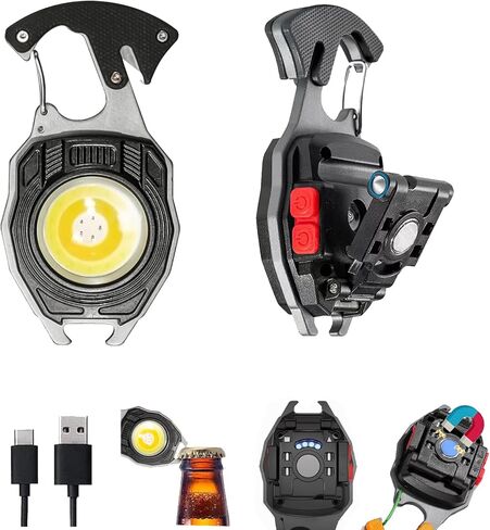 COB Keychain Work Light Keychain Flashlights 7 أوضاع إضاءة، مصباح عمل محمول قابل لإعادة الشحن في حالات الطوارئ مع فتاحة زجاجات قابلة للطي لصيد الأسماك والتخييم والمشي in Kuwait
