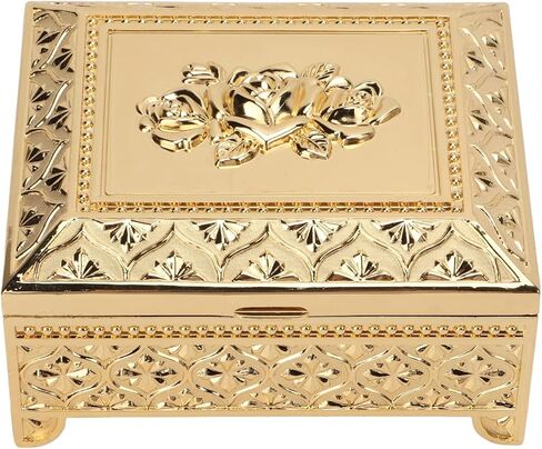 Rose Pattern Vintage Jewelry Box, Retro Rectangular Trinket Box Organizer Treasure Chest Box for Women Girls Ring Earrings Necklace Storage (Gold) in Saudi Arabia