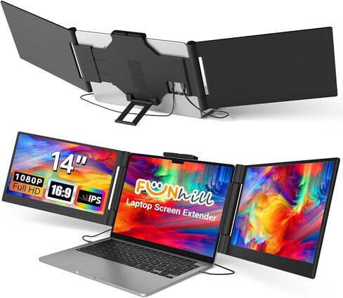 موسع شاشة الكمبيوتر المحمول Funhill مقاس 14 بوصة مع شاشة 1080P FHD IPS، وشاشة محمولة تدور 280 درجة لأجهزة الكمبيوتر المحمولة مقاس 13 بوصة - 17.3 بوصة، وشاشة مزدوجة قابلة للتوصيل لنظام التشغيل Windows/Chrome/Android/Mac in Kuwait