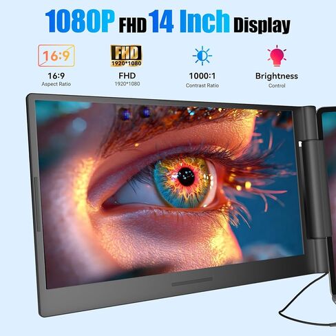 موسع شاشة الكمبيوتر المحمول Funhill مقاس 14 بوصة مع شاشة 1080P FHD IPS، وشاشة محمولة تدور 280 درجة لأجهزة الكمبيوتر المحمولة مقاس 13 بوصة - 17.3 بوصة، وشاشة مزدوجة قابلة للتوصيل لنظام التشغيل Windows/Chrome/Android/Mac in Kuwait