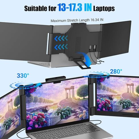 موسع شاشة الكمبيوتر المحمول Funhill مقاس 14 بوصة مع شاشة 1080P FHD IPS، وشاشة محمولة تدور 280 درجة لأجهزة الكمبيوتر المحمولة مقاس 13 بوصة - 17.3 بوصة، وشاشة مزدوجة قابلة للتوصيل لنظام التشغيل Windows/Chrome/Android/Mac in Kuwait