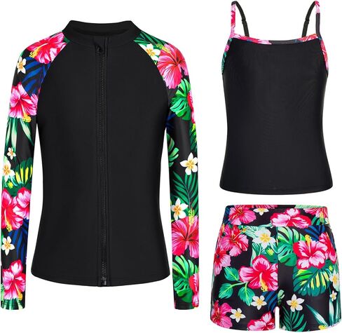 ملابس سباحة للفتيات من Rash Guard بأكمام طويلة 3 قطع للمراهقات، بدلة استحمام بسحاب مع جيوب، شورت للأولاد (6-16 سنة) in Kuwait