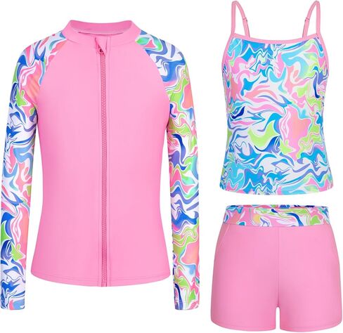 ملابس سباحة للفتيات من Rash Guard بأكمام طويلة 3 قطع للمراهقات، بدلة استحمام بسحاب مع جيوب، شورت للأولاد (6-16 سنة) in Kuwait