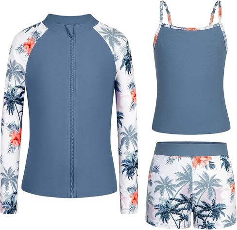 ملابس سباحة للفتيات من Rash Guard بأكمام طويلة 3 قطع للمراهقات، بدلة استحمام بسحاب مع جيوب، شورت للأولاد (6-16 سنة) in Kuwait