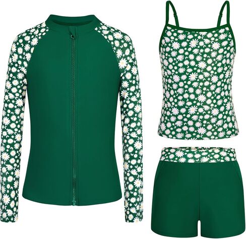ملابس سباحة للفتيات من Rash Guard بأكمام طويلة 3 قطع للمراهقات، بدلة استحمام بسحاب مع جيوب، شورت للأولاد (6-16 سنة) in Kuwait
