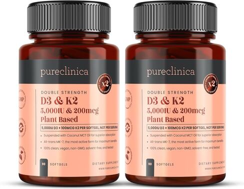 pureclinica فيتامين D3 + K2 (MK-7) ذو القوة المزدوجة - 5000 وحدة دولية D3 + 100 ميكروجرام K2 × 90 كبسولة هلامية نباتية - Lichen D3 وNatto MK-7 - امتصاص معزز بزيت MCT - كمية تكفي لمدة 3 أشهر in Kuwait