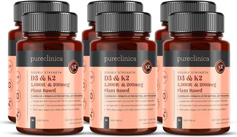 pureclinica فيتامين D3 + K2 (MK-7) ذو القوة المزدوجة - 5000 وحدة دولية D3 + 100 ميكروجرام K2 × 90 كبسولة هلامية نباتية - Lichen D3 وNatto MK-7 - امتصاص معزز بزيت MCT - كمية تكفي لمدة 3 أشهر in Kuwait