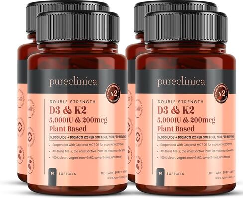 pureclinica فيتامين D3 + K2 (MK-7) ذو القوة المزدوجة - 5000 وحدة دولية D3 + 100 ميكروجرام K2 × 90 كبسولة هلامية نباتية - Lichen D3 وNatto MK-7 - امتصاص معزز بزيت MCT - كمية تكفي لمدة 3 أشهر in Kuwait