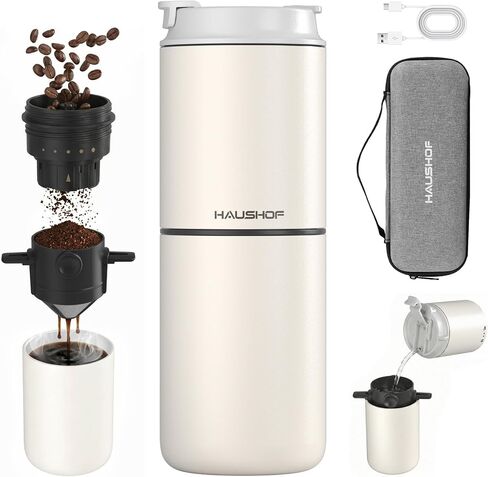 HAUSHOF Portable Coffee Maker, Travel Coffee Maker Battery Operated Small Pour Over Set, Compact Coffee Maker with Electric Grinder & Insulated Mug for Travel, Camping, Car in Saudi Arabia