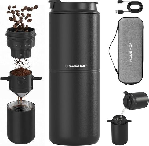 HAUSHOF Portable Coffee Maker, Travel Coffee Maker Battery Operated Small Pour Over Set, Compact Coffee Maker with Electric Grinder & Insulated Mug for Travel, Camping, Car in Saudi Arabia