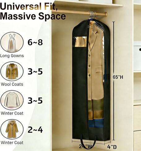 KEETDY 65" Long Garment Bags for Travel 4" Gusseted Dress Bag for Hanging Clothes Cover 3 Packs Clothing Protector for Closet Storage for Gowns, Coats, Black in Kuwait