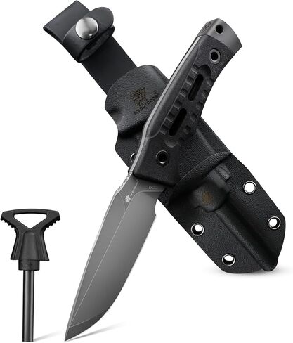 سكين تخييم ذو نصل ثابت من HX OUTDOORS مع مشعل نار، سكين بقاء من الفولاذ DC53 ممتاز مع غمد كيديكس لـ EDC، في الهواء الطلق، الصيد، المشي لمسافات طويلة (أسود) in Kuwait