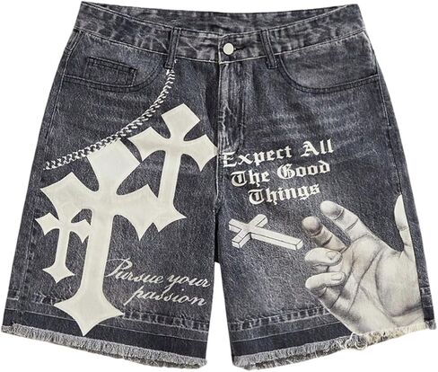 الرجال القوطي الصليب التطريز شورتات جينز الجرونج الشرير مستقيم الساق الدينيم شورت برمودا Jorts الشارع الشهير in Kuwait