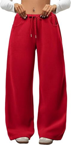 ELLEVEN Womens Wide Leg Fleece Lined Sweatpants – Low Rise Drawstring Baggy Cotton Lounge Pants with Pockets, Warm and Cozy in Saudi Arabia