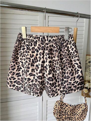 Girl's Leopard Print Casual Shorts Y2K Letter Patched Elastic Waist Summer Mini Shorts in Saudi Arabia