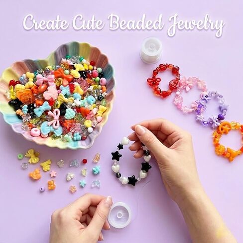 600-650PCS Acrylic Beads for Bracelets Making, 8 Mixed Colors Cute Flower Bow Butterfly Bear Beads Bracelets Charms Necklaces Keychains DIY Crafts in Saudi Arabia