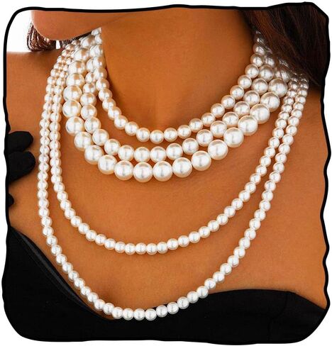 Layered Pearl Necklace for Women Long Pearls Necklaces Strand Pearl Necklace Statement Pearls Choker 1920s Jewelry in Saudi Arabia