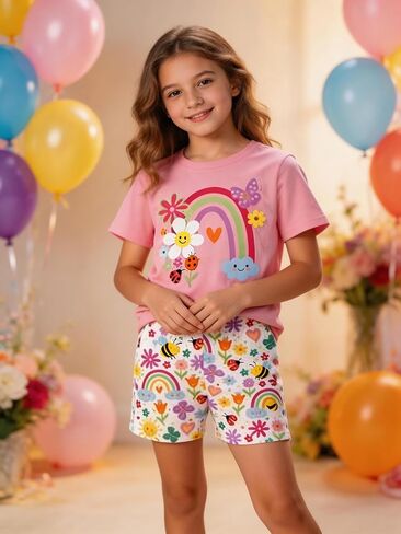 Girls 2 Piece Summer Casual Outfit, Rainbow Flower Print Short Sleeve T-Shirt & Matching Shorts Set for Toddler in Saudi Arabia