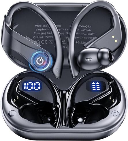 Earbuds Wireless Earbuds 120H Playback Bluetooth 5.4 Headphones IPX7 Waterproof Stereo Bass Over-Ear Headphones with Earhooks Microphone LED Battery Display for Sports Running Workouts(Brown in Saudi Arabia