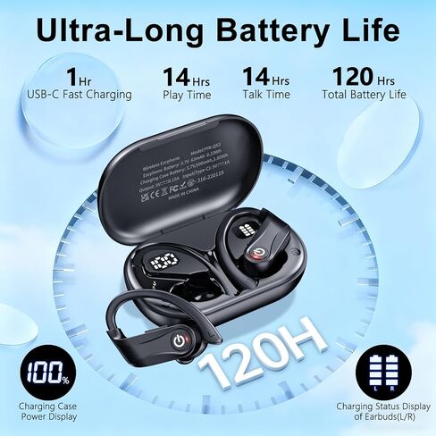 Earbuds Wireless Earbuds 120H Playback Bluetooth 5.4 Headphones IPX7 Waterproof Stereo Bass Over-Ear Headphones with Earhooks Microphone LED Battery Display for Sports Running Workouts(Brown in Saudi Arabia