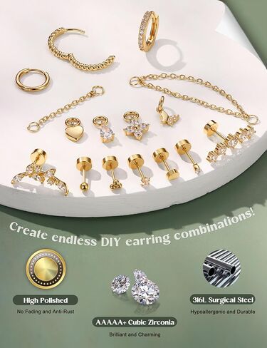 LOLIAS 20G Hypoallergenic Cartilage Earrings for Women Surgical Steel Flat Back Earrings Gold Stud Hoops With CZ Dangle Chain Cartilage Earring Stacks Daith Conch Tragus Helix Piercing Jewelry in Saudi Arabia