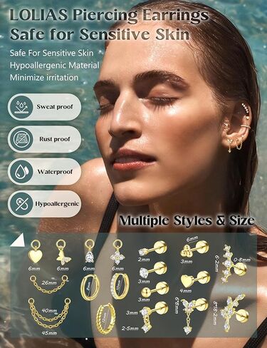 LOLIAS 20G Hypoallergenic Cartilage Earrings for Women Surgical Steel Flat Back Earrings Gold Stud Hoops With CZ Dangle Chain Cartilage Earring Stacks Daith Conch Tragus Helix Piercing Jewelry in Saudi Arabia