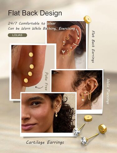 LOLIAS 20G Hypoallergenic Cartilage Earrings for Women Surgical Steel Flat Back Earrings Gold Stud Hoops With CZ Dangle Chain Cartilage Earring Stacks Daith Conch Tragus Helix Piercing Jewelry in Saudi Arabia