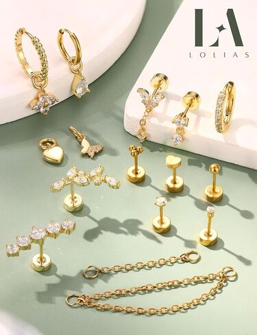 LOLIAS 20G Hypoallergenic Cartilage Earrings for Women Surgical Steel Flat Back Earrings Gold Stud Hoops With CZ Dangle Chain Cartilage Earring Stacks Daith Conch Tragus Helix Piercing Jewelry in Saudi Arabia