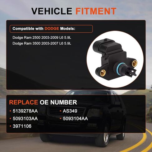 MAP Sensor Compatible with Dodge Ram 2500 2003-2009 Ram 3500 2003 2004 2005 2006 2007 5.9L Diesel Replaces 5093103AA 5093104AA 5139278AA in Saudi Arabia