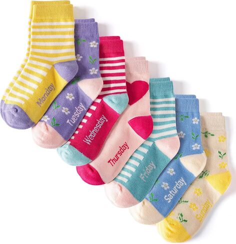 HONGTEYA 7 Pairs Girls Socks with 7 Days of the Week, Seamless Kids Crew Socks Soft Combed Cotton in Gift Box in Saudi Arabia