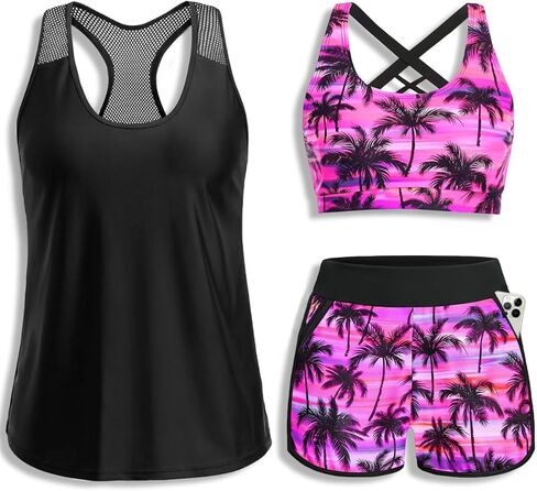Women 3 Piece Tankini Swimsuit - Mesh Racerback Tank Top with Sports Bra and Pocketed Boyshorts Athletic Bathing Suits in Saudi Arabia