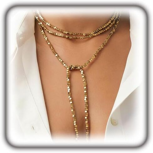 Gold Long Necklace for Women,Gold Beaded Long Chain Necklaces,Vintage Layered Pearl Strand Y Necklace Statement Jewelry in Saudi Arabia
