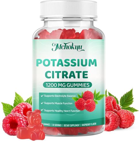 Potassium Citrate Gummies 1200mg, High Potency Potassium Supplement for Adults & Kids, Women & Men Support Leg Cramps & Muscle Health & Electrolyte Balance,Vegan Free, Raspberry Flavor, 120 Count in Saudi Arabia