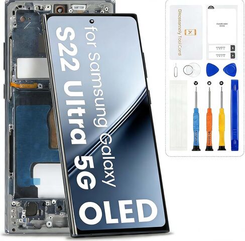 بديل شاشة OLED لهاتف Samsung Galaxy S22 Ultra 5G لشاشة Samsung S22 Ultra 5G LCD SM-S908 SM-S908B مجموعة محول رقمي للشاشة تعمل باللمس مع إطار، إصدار الولايات المتحدة، فضي in Kuwait