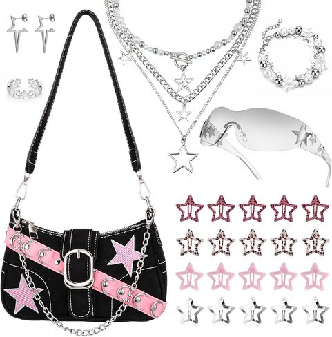 Y2k Accessories Set Included Star Y2k Silver Necklace Y2K Star Shoulder Bag Sunglasses Star Hair Clip Y2k Silver Vintage Jewelry Set in Saudi Arabia