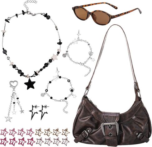 Y2k Accessories Set Included Star Y2k Silver Necklace Y2K Star Shoulder Bag Sunglasses Star Hair Clip Y2k Silver Vintage Jewelry Set in Saudi Arabia