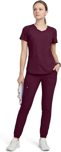 مجموعة Allheart Scrub للنساء مكونة من بلوزة برقبة على شكل حرف V وبنطال رياضي قابل للسحب - مجموعة مقشر مقاومة للتجاعيد معاصرة مع 5 جيوب in Kuwait