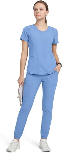 مجموعة Allheart Scrub للنساء مكونة من بلوزة برقبة على شكل حرف V وبنطال رياضي قابل للسحب - مجموعة مقشر مقاومة للتجاعيد معاصرة مع 5 جيوب in Kuwait