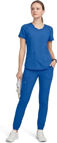 مجموعة Allheart Scrub للنساء مكونة من بلوزة برقبة على شكل حرف V وبنطال رياضي قابل للسحب - مجموعة مقشر مقاومة للتجاعيد معاصرة مع 5 جيوب in Kuwait