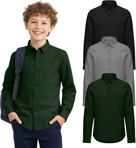 3 Pack Boy's Long Sleeve Dress Shirts Kids Casual Button Down Shirt Boys Solid Button Up School Uniform Tops in Saudi Arabia