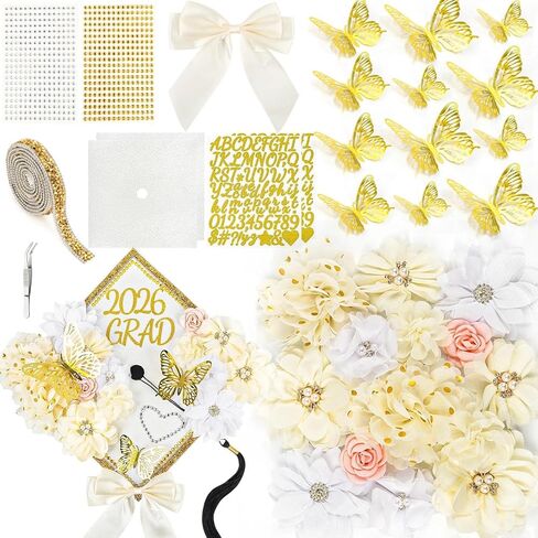 Graduation Cap Decorations Kit 2026 DIY Cap Decorations 36PCS Included Fake Flowers Heads Bow 3D Butterfly Self Adhesive Rhinestones Stickers Alphabet Letter Stickers for Grad Party Decor, White in Saudi Arabia