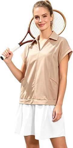 Women Casual Dresses Loose Fit Polo V-Neck Short Sleeves Patchwork Athletic Tennis Dress with Pockets in Saudi Arabia