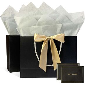 Gfractolux Gift Bags Medium, 2 Pack Gift Bags with Tissue Paper and Cards, Gift Bags with Handles for Birthdays, Baby Shower, weddings, Party Favor, Holiday Presents 11"X7.9"X3.9" (White and Gold)