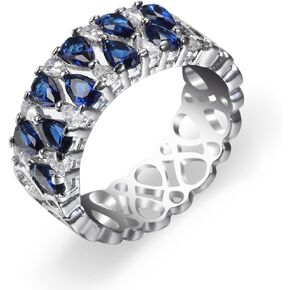 HaoMo Luxury Topaz Sapphire Ring 925 Sterling Silver Wedding Ring Band Shiny Full Pear Teardrop Shape Blue Gemstone& White Rhinestone CZ Eternity Band Cz Fine Jewelry Party Ring for Women HM367 (7)