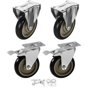 4 Pack 4" Caster Wheels On Black Polyurethane Wheels Top Plate Non Swivel Rigid Fixed Stationery with Hardware Kit