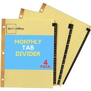 1InTheOffice Monthly Tab Dividers, Month Tabs for 3 Ring Binder, Monthly Leather Dividers, 12-Tab, Black, (4 Pack)